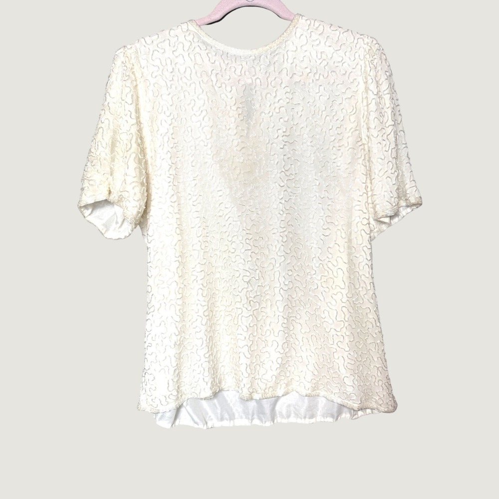 Laurence Kazar Vintage Silk Beaded Blouse Ivory Short Sleeve Evening Top Size M
